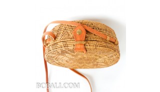 Bali circle oval rattan handbags motif star oval design leather handle 